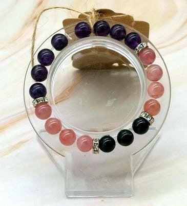 Amethyst, Rose Quartz & Tourmaline 8mm Bead Bracelet  "Empathy and Healing"