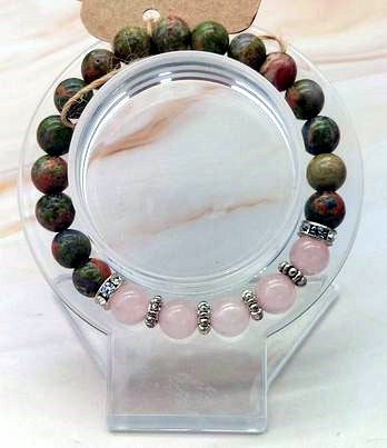 Unakite, Rose Quartz 8mm Bead Bracelet 6 1/4