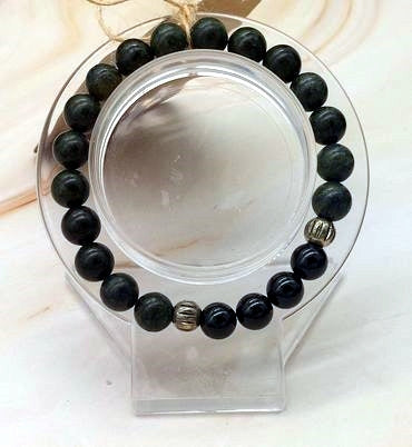 Green Snowflake Obsidian , Black Tourmaline 8mm Bead Bracelet