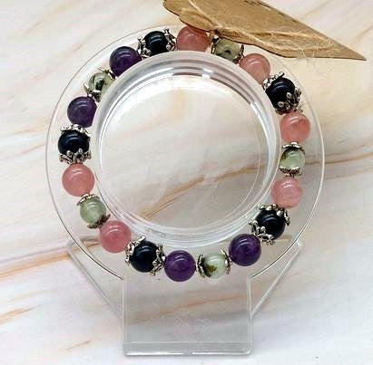 Prehnite, Amethyst, Rose Quartz, Black Tourmaline 8mm Bead Bracelet