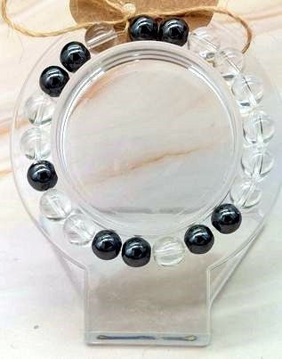 Clear Quartz and Hematite  8mm Bead  Bracelet  5 3/4  "Grounding"