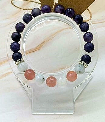 Lepidolite, Rainbow Moonstone / Rose Quartz 8mm Bead  Bracelet  5 3/4