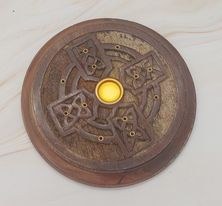 Round Wood  Incense Holder  - Carved Knotted Cross