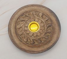 Round Wood Incense Holder -Carved Flower